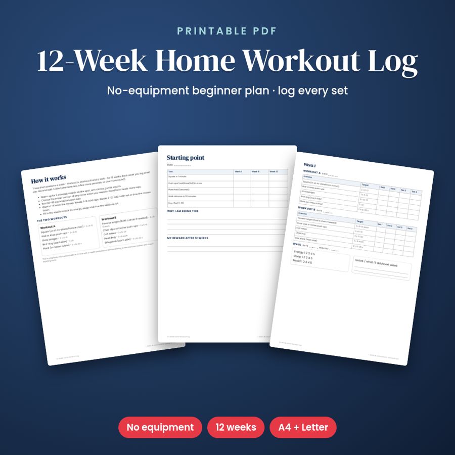 12-Week Home Workout Plan | No-Equipment Beginner Log (Printable)