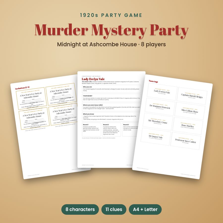 1920s Murder Mystery Party Game | New Year's Eve Kit for 8 Players