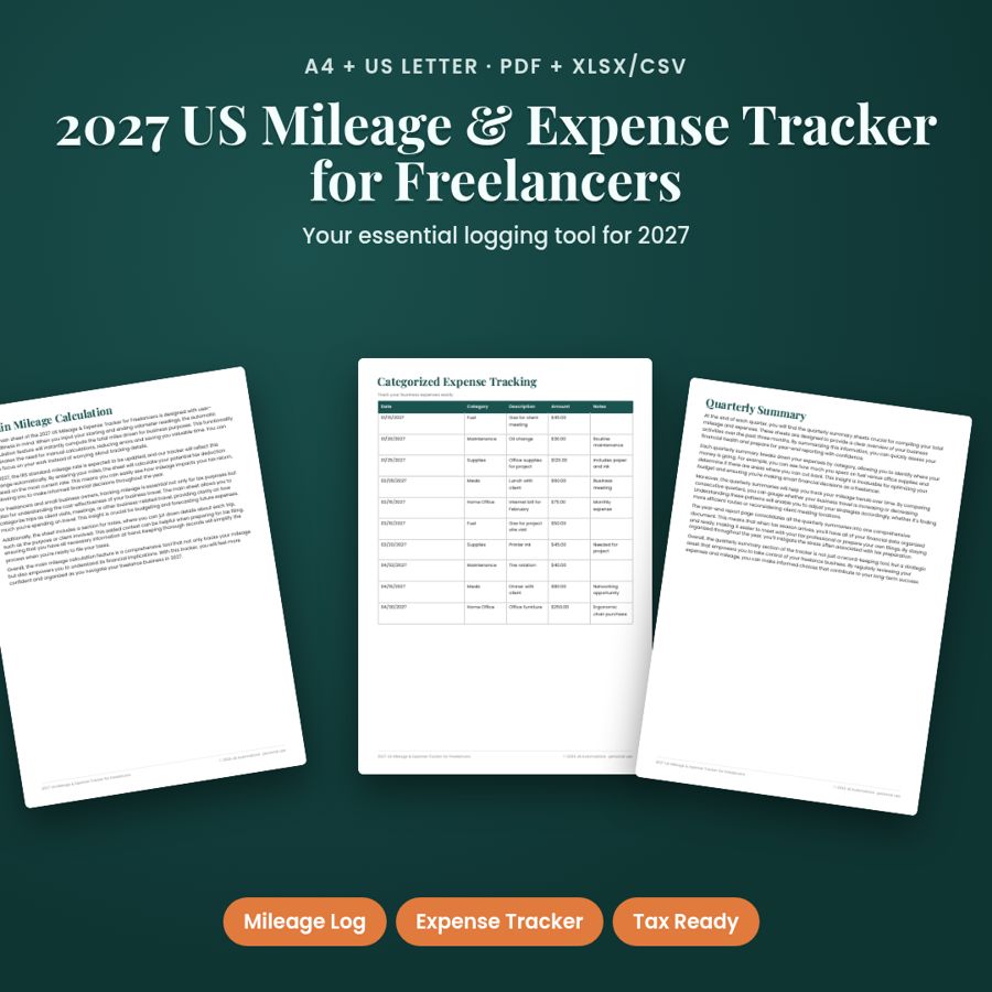 2027 US Mileage & Expense Tracker for Freelancers | PDF + Excel
