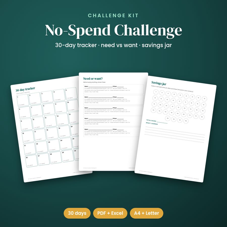 30-Day No-Spend Challenge Kit | Printable PDF + Excel Tracker