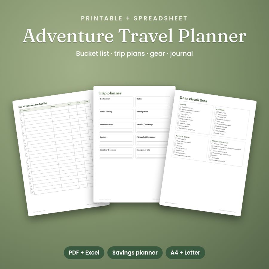 Adventure Travel Planner & Bucket List | Printable + Savings Sheet