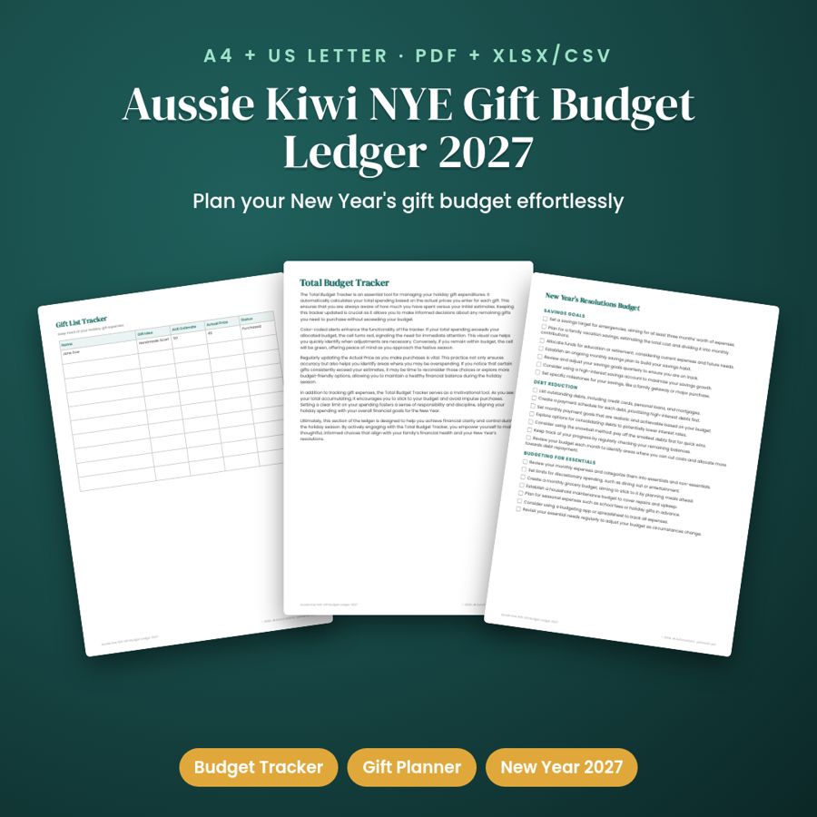 Aussie Kiwi NYE Gift Budget Ledger 2027 | PDF + Excel Spreadsheet