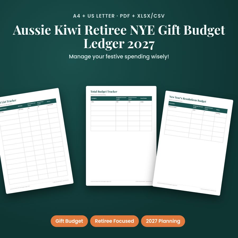 Aussie Kiwi Retiree NYE Gift Budget Ledger 2027 | PDF + Excel