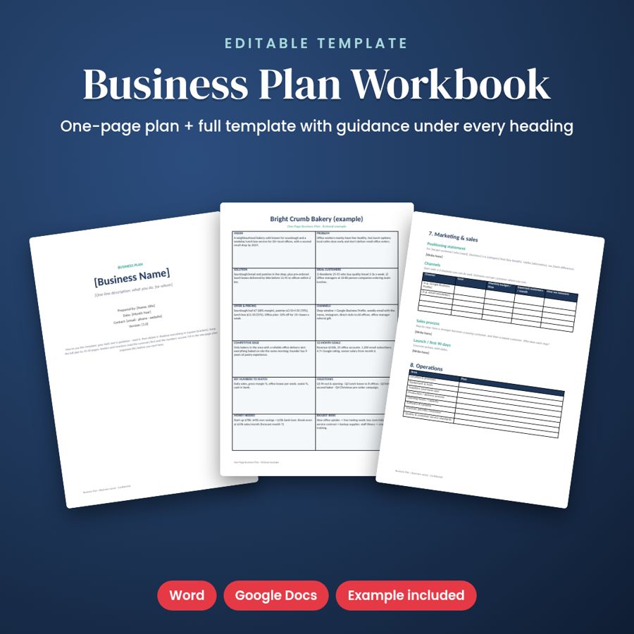 Business Plan Template | One-Page Plan + Full Workbook (Word/Docs)