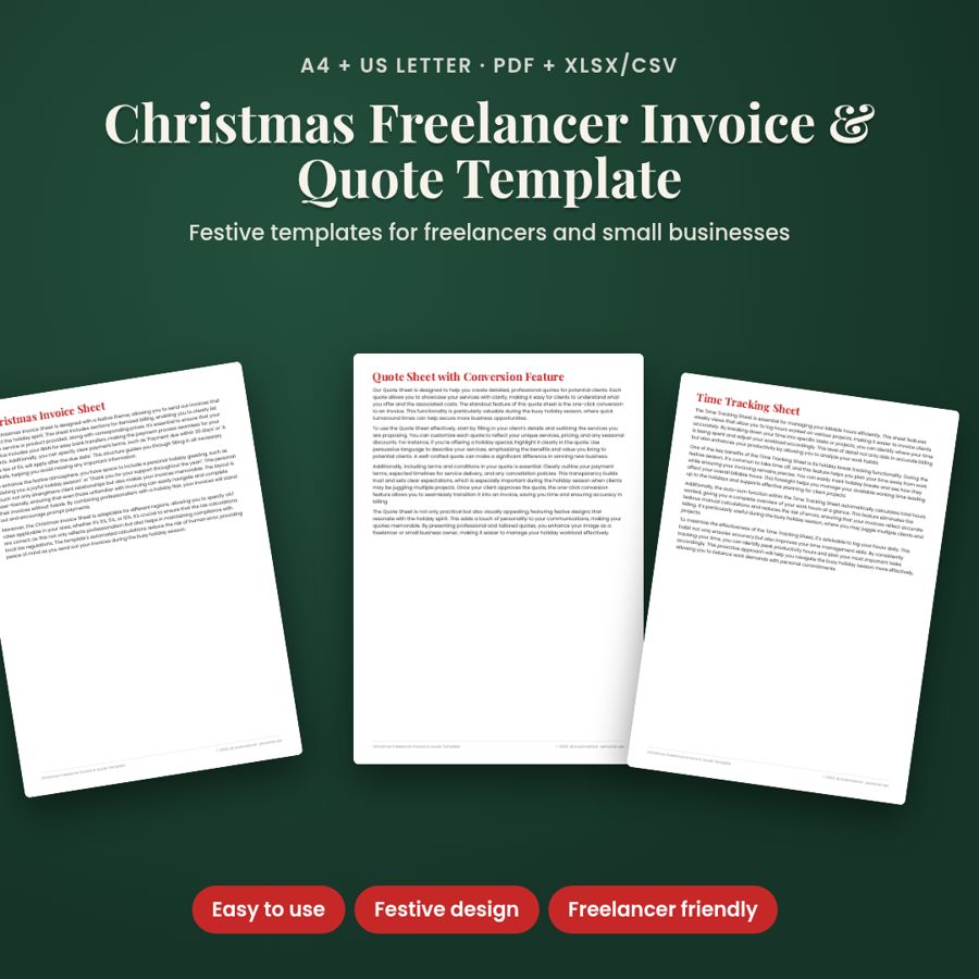 Christmas Freelancer Invoice & Quote Template | Printable PDF + Excel