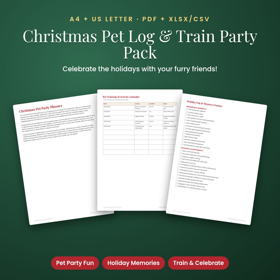 Christmas Pet Log & Train Party Pack | Printable PDF + Excel Template