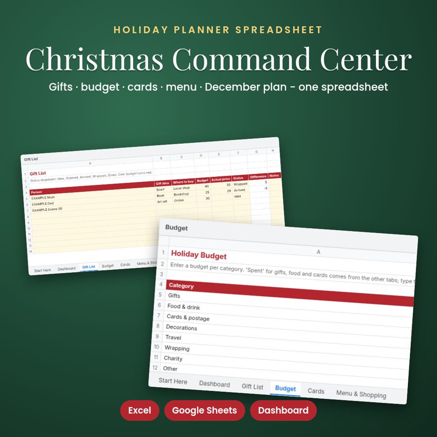 Christmas Planner Spreadsheet | Gift List, Budget & Menu Organizer