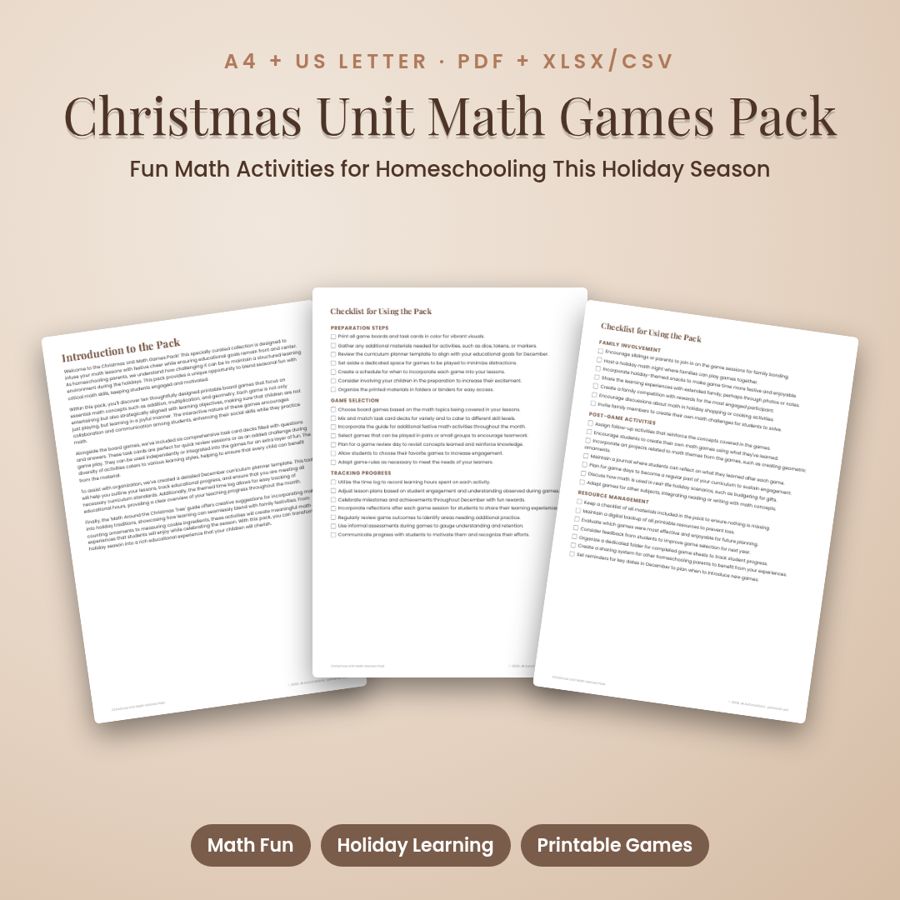 Christmas Unit Math Games Pack | Printable PDF + Excel Template