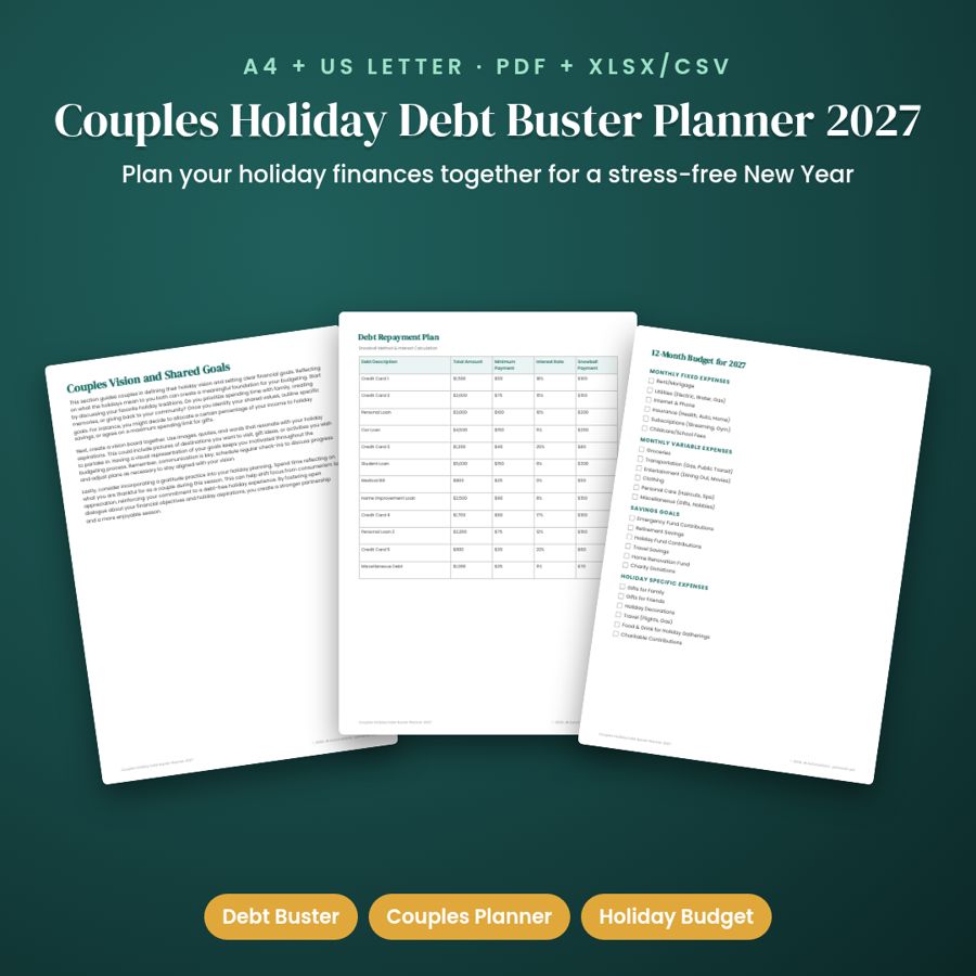 Couples Holiday Budget & Debt Payoff Planner 2027 | PDF + Excel