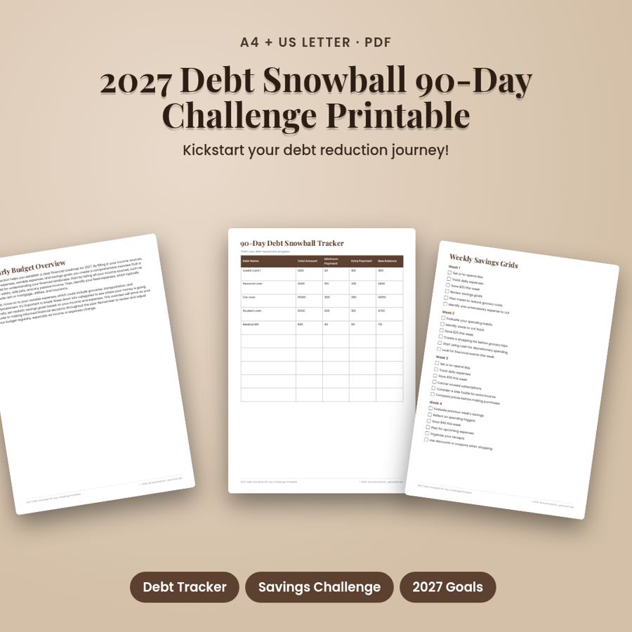 Debt Snowball 90-Day Challenge 2027 | Printable Debt Payoff Tracker