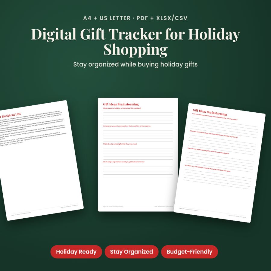 Digital Gift Tracker for Holiday Shopping | PDF + Excel Spreadsheet