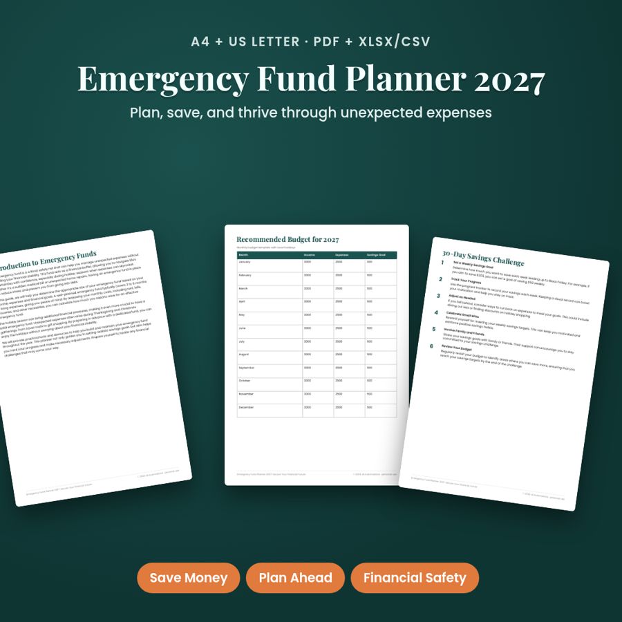 Emergency Fund Planner 2027 | Savings Tracker PDF + Spreadsheet
