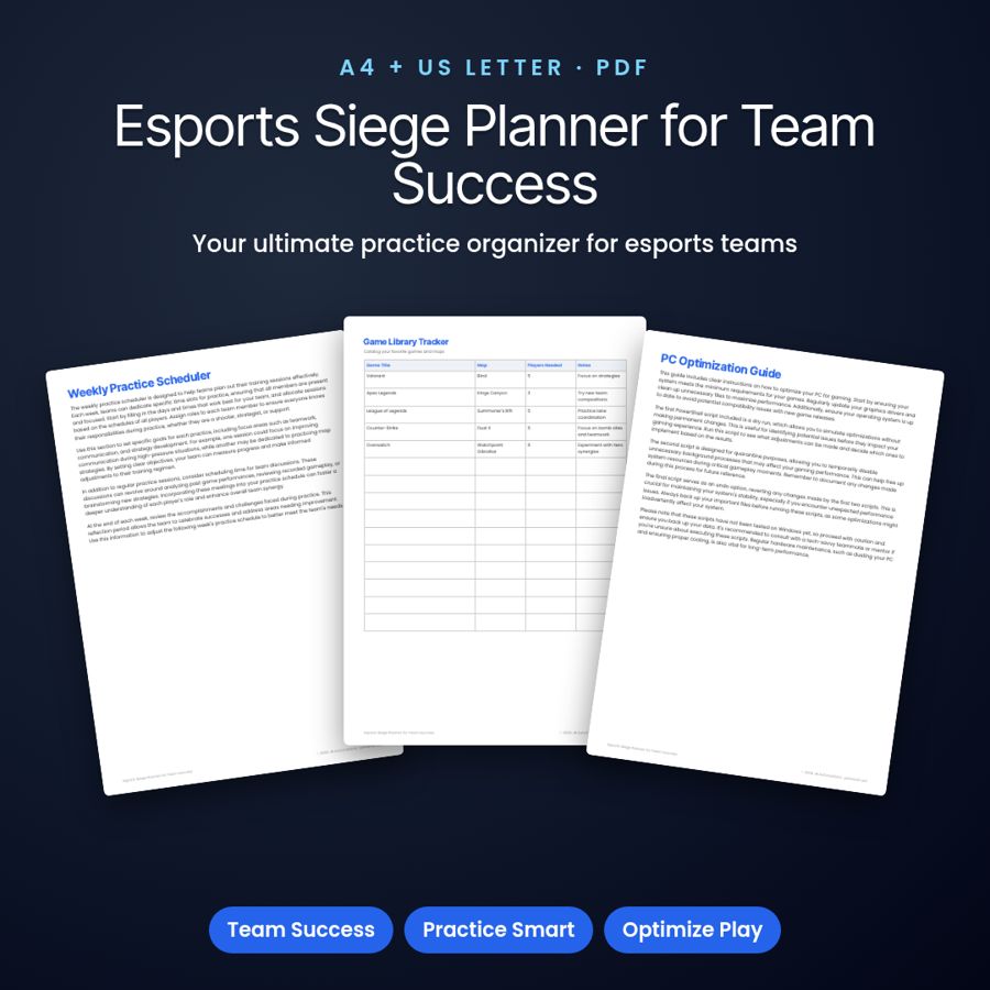 Esports Siege Planner for Team Success | Printable PDF, A4 + US Letter