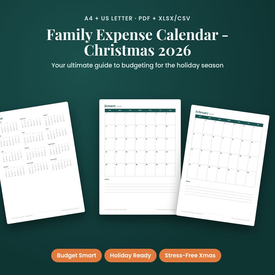 Family Expense Calendar - Christmas 2026 | PDF + Excel Spreadsheet
