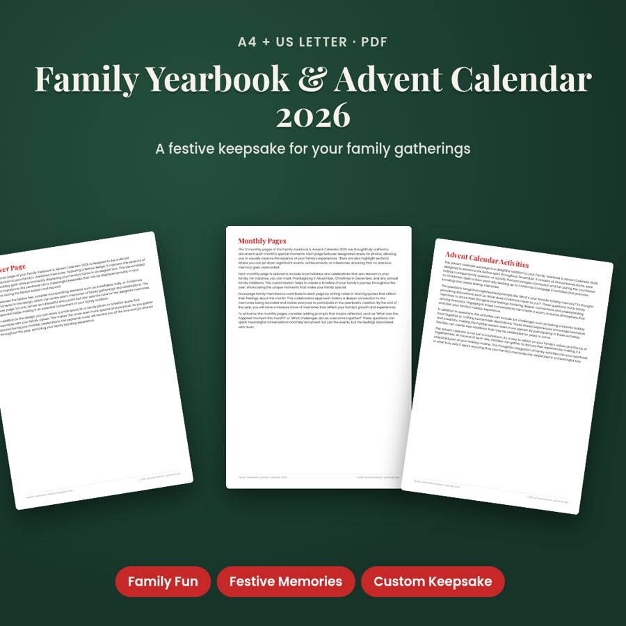 Family Yearbook & Advent Calendar 2026 | Printable PDF, A4 + US Letter