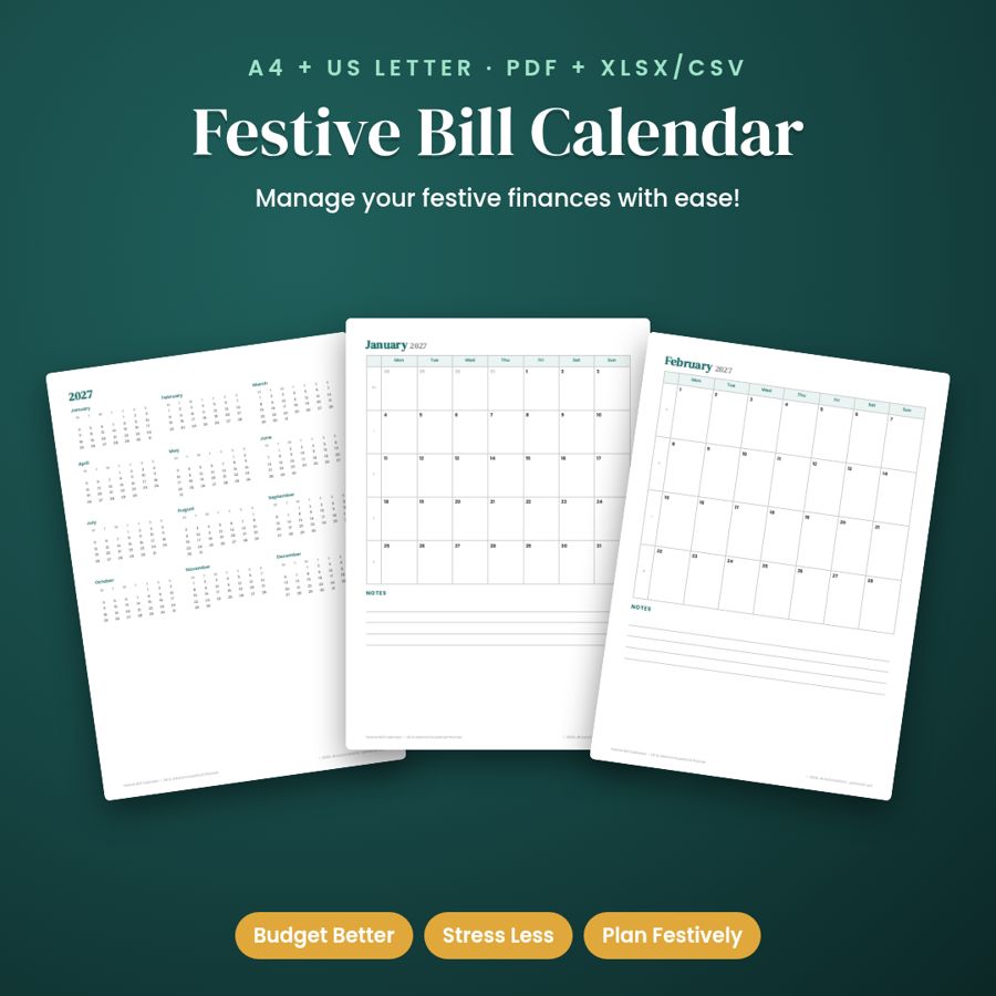 Festive Bill Calendar – UK & Ireland Household Planner | PDF + Excel