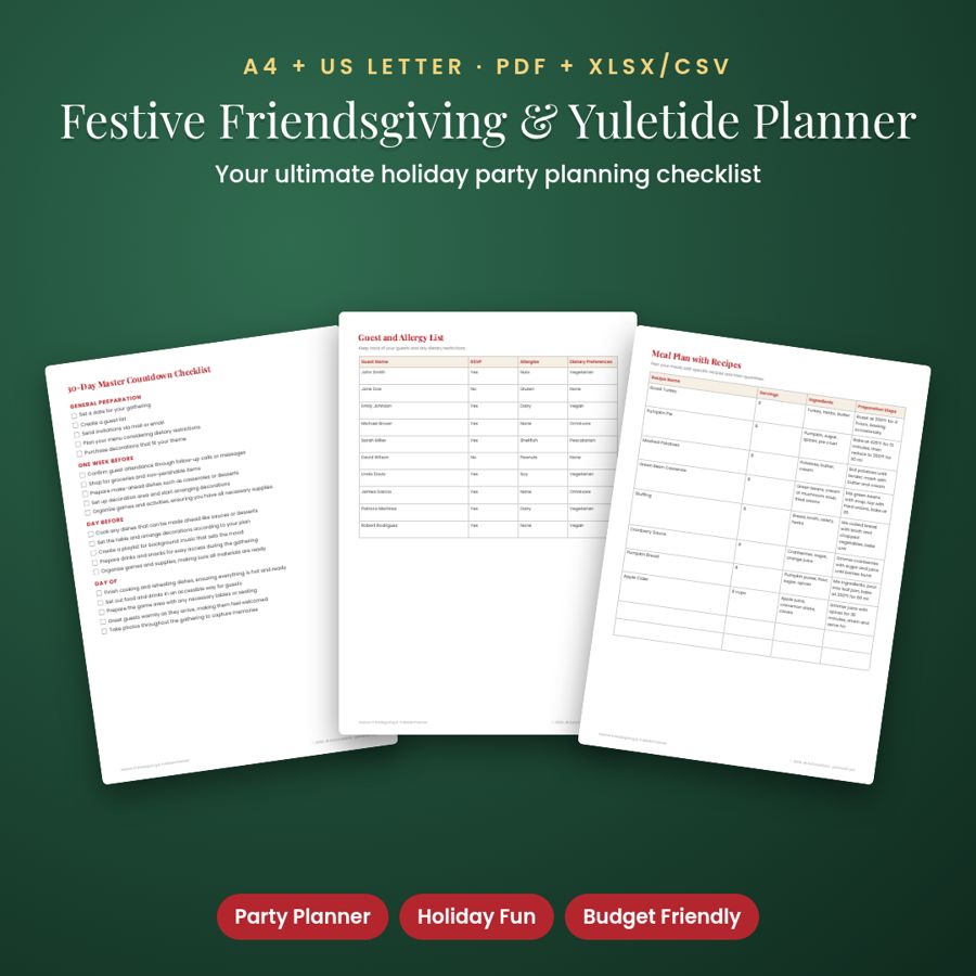 Festive Friendsgiving & Yuletide Planner | PDF + Excel Spreadsheet
