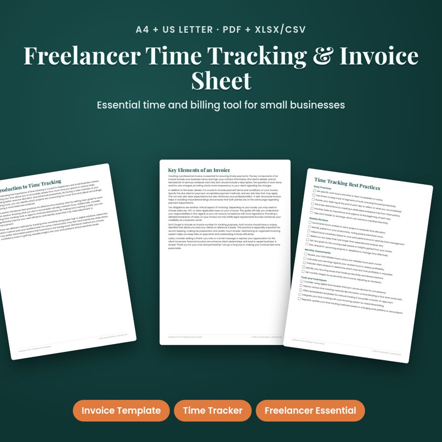 Freelancer Time Tracking & Invoice Sheet | PDF + Excel Spreadsheet