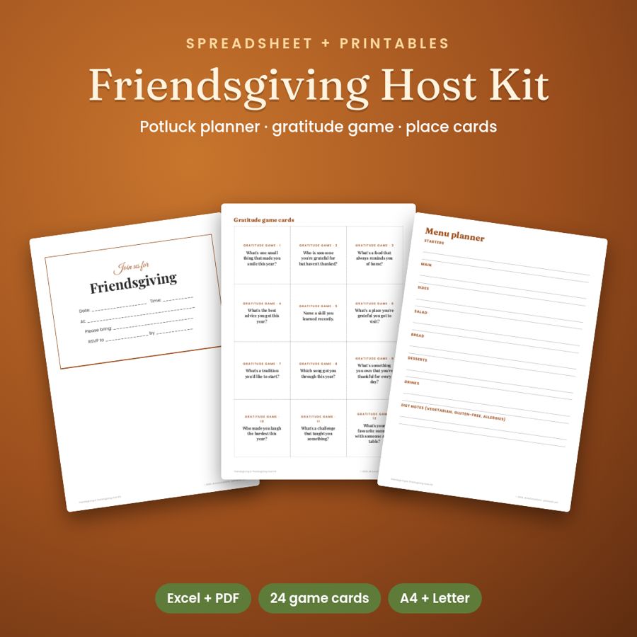 Friendsgiving & Thanksgiving Host Kit | Potluck Planner + Printables