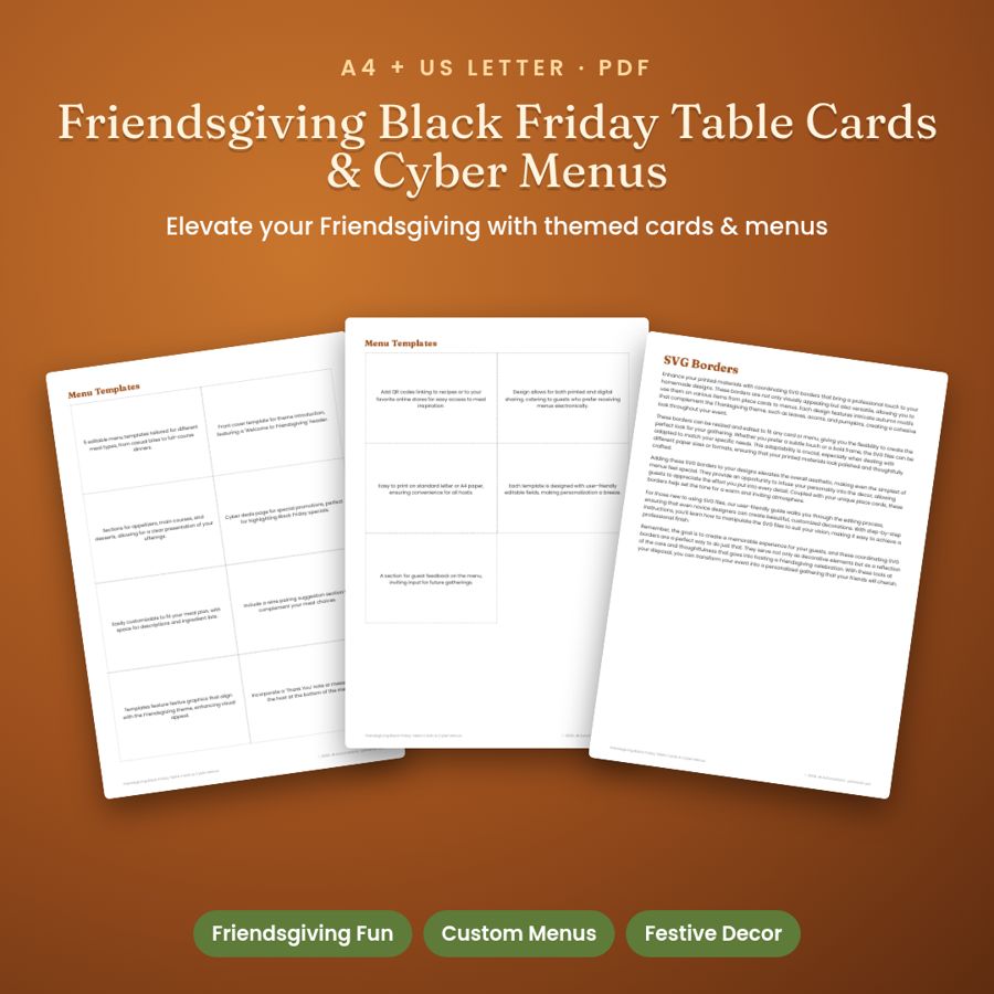 Friendsgiving Black Friday Table Cards & Cyber Menus | Printable PDF
