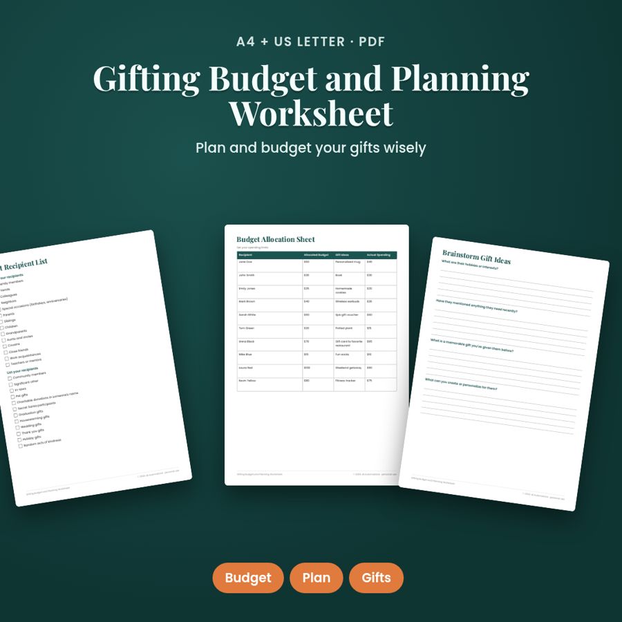 Gifting Budget and Planning Worksheet | Printable PDF, A4 + US Letter