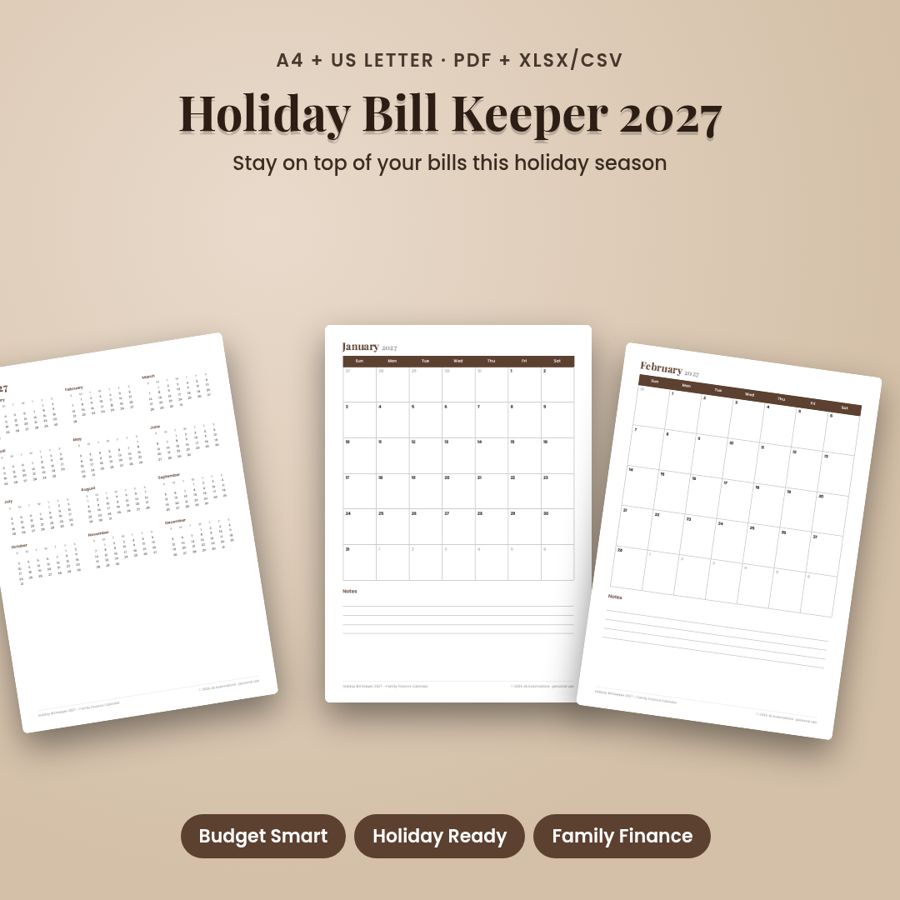Holiday Bill Keeper 2027 | Family Finance Calendar PDF + XLSX