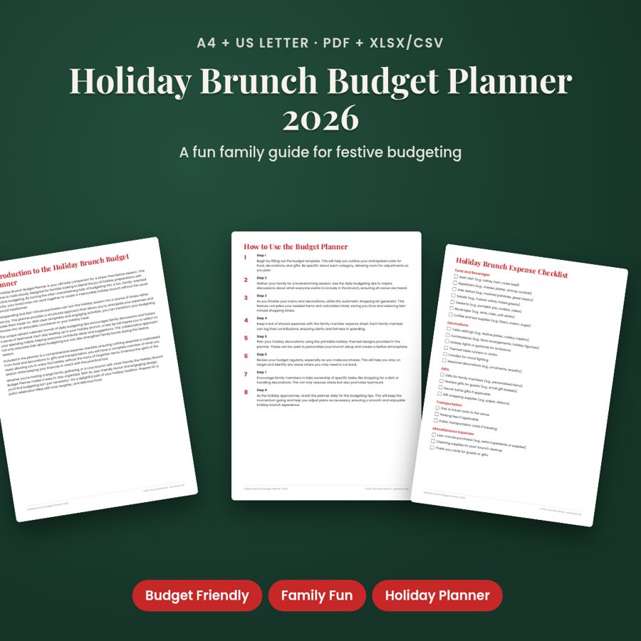 Holiday Brunch Budget Planner 2026 | Printable PDF + Excel Template