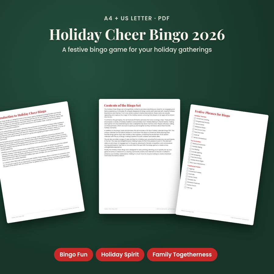 Holiday Cheer Bingo 2026 | Printable PDF, A4 + US Letter