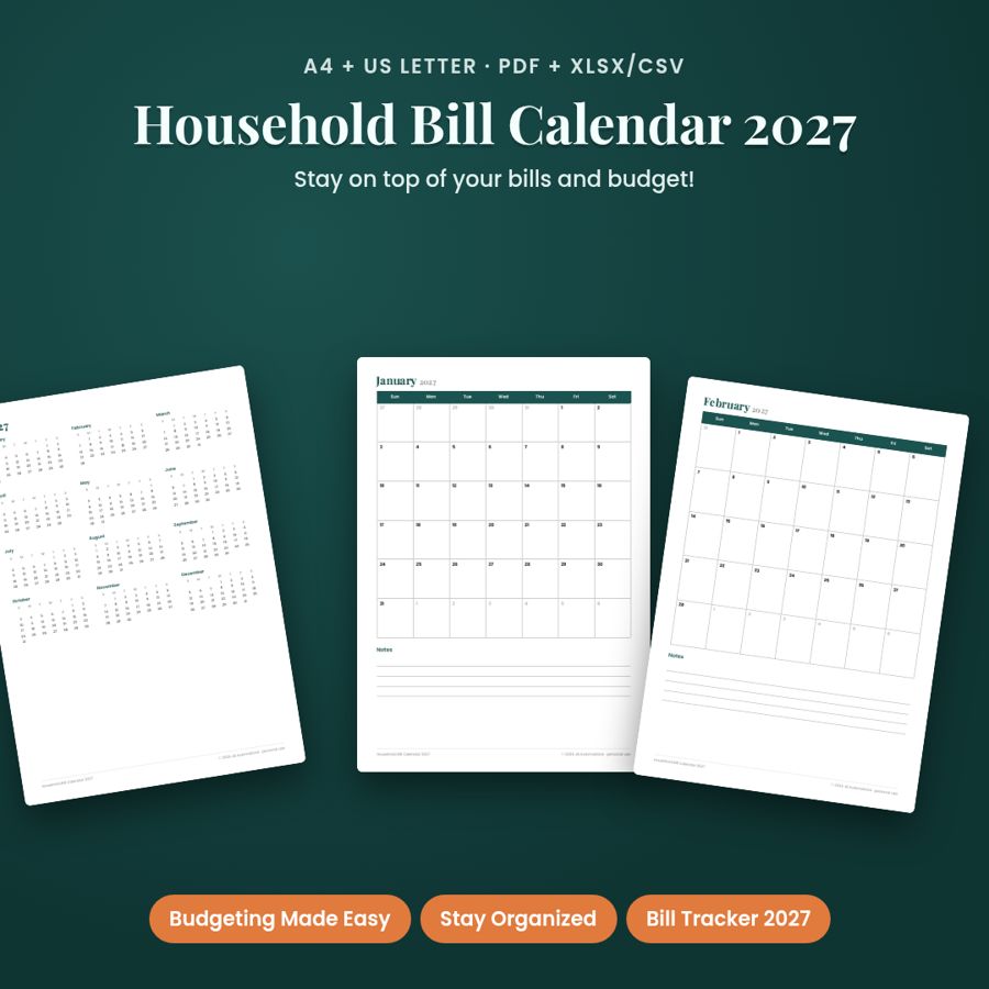 Household Bill Calendar 2027 | Printable PDF + Excel Template