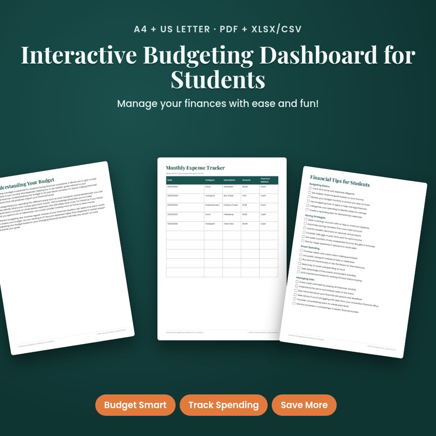 Interactive Budgeting Dashboard for Students | PDF + Excel Spreadsheet