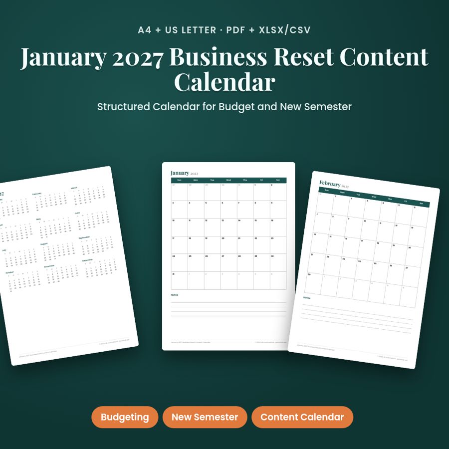 January 2027 Content Calendar for Small Business | PDF + Excel