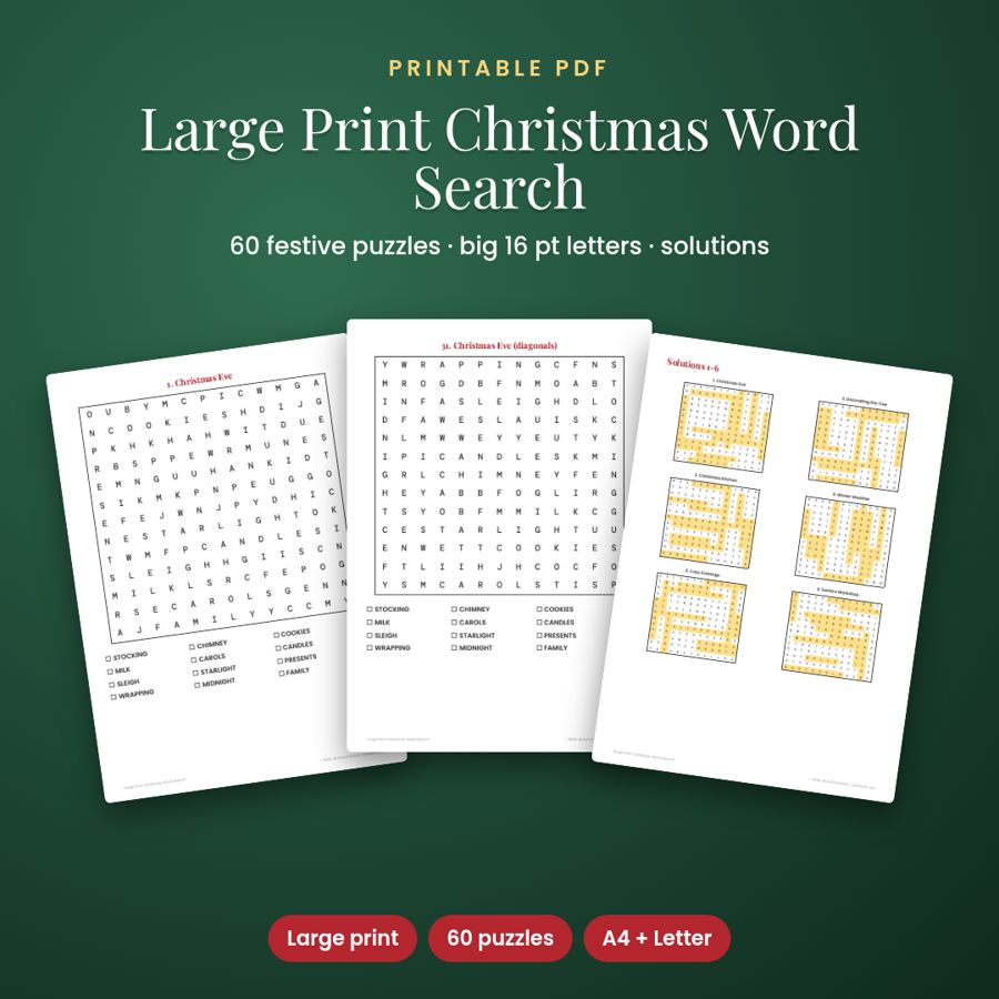 Large Print Christmas Word Search | 60 Puzzles for Seniors (PDF)
