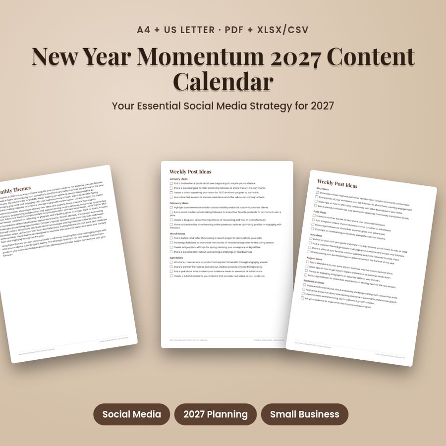 New Year Momentum 2027 Content Calendar | PDF + Excel Spreadsheet