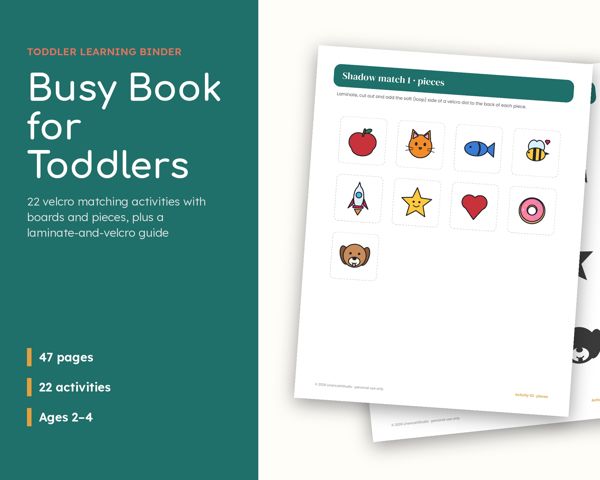 Busy Book for Toddlers – 22 velcro matching activities with boards and pieces, plus a laminate-and-velcro guide