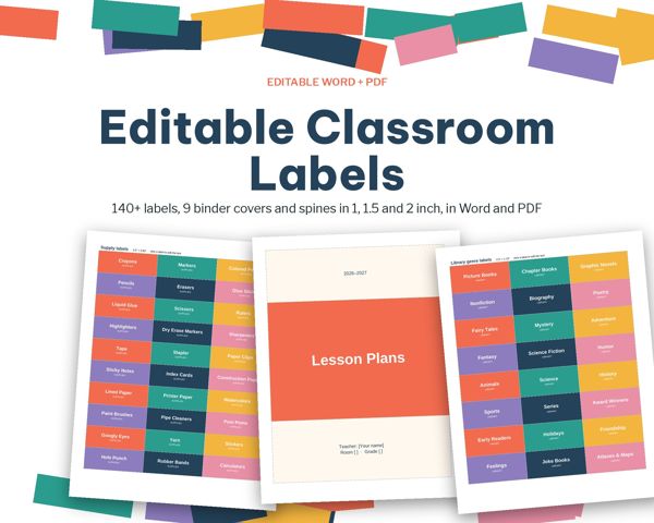 Editable Classroom Labels – 140+ labels, 9 binder covers and spines in 1, 1.5 and 2 inch, in Word and PDF