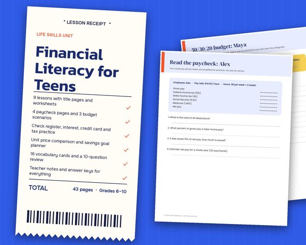 Financial Literacy for Teens – 9 lessons with worksheets, teacher notes and answer keys