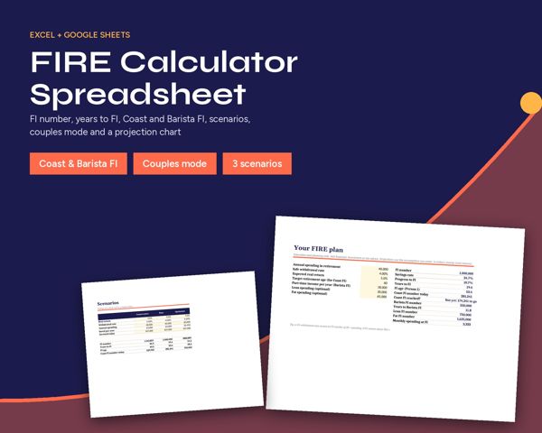 FIRE Calculator Spreadsheet – FI number, years to FI, Coast and Barista FI, scenarios, couples mode and a projection chart