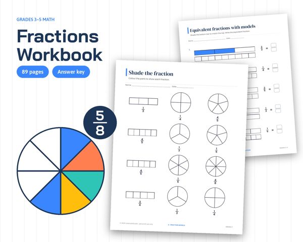 Fractions Workbook – 44 worksheets from models to word problems, with full answer key