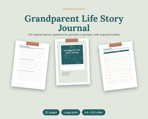 Grandparent Life Story Journal – 120 original memory questions for grandma or grandpa, with large print edition