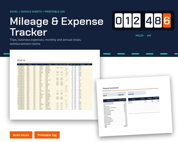 Mileage & Expense Tracker – Trips, business expenses, monthly and annual totals, reimbursement claims