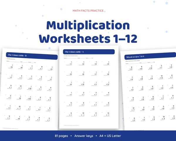 Multiplication Worksheets 1–12 – Times tables practice, timed tests and mixed review with answer keys