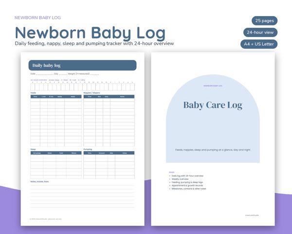 Newborn Baby Log – Daily feeding, nappy, sleep and pumping tracker with 24-hour overview