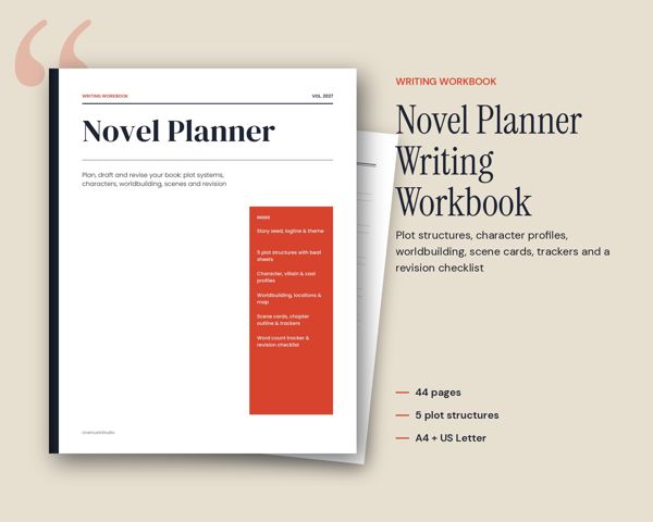 Novel Planner Writing Workbook – Plot structures, character profiles, worldbuilding, scene cards, trackers and a revision checklist