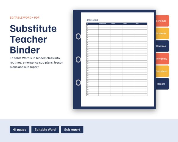 Substitute Teacher Binder – Editable Word sub binder: class info, routines, emergency sub plans, lesson plans and sub report