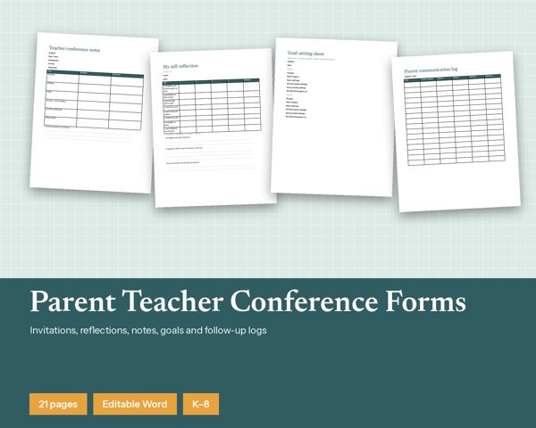 Parent Teacher Conference Forms – Invitations, reflections, notes, goals and follow-up logs