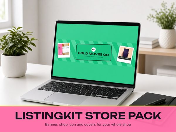 ListingKit + Store Pack – Listing images plus a matching Etsy banner, shop icon and Gumroad, Ko-fi & Payhip covers