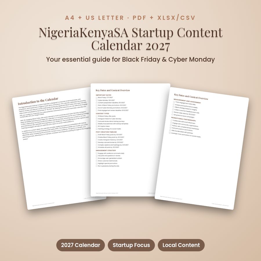 NigeriaKenyaSA Startup Content Calendar 2027 | PDF + Excel Spreadsheet