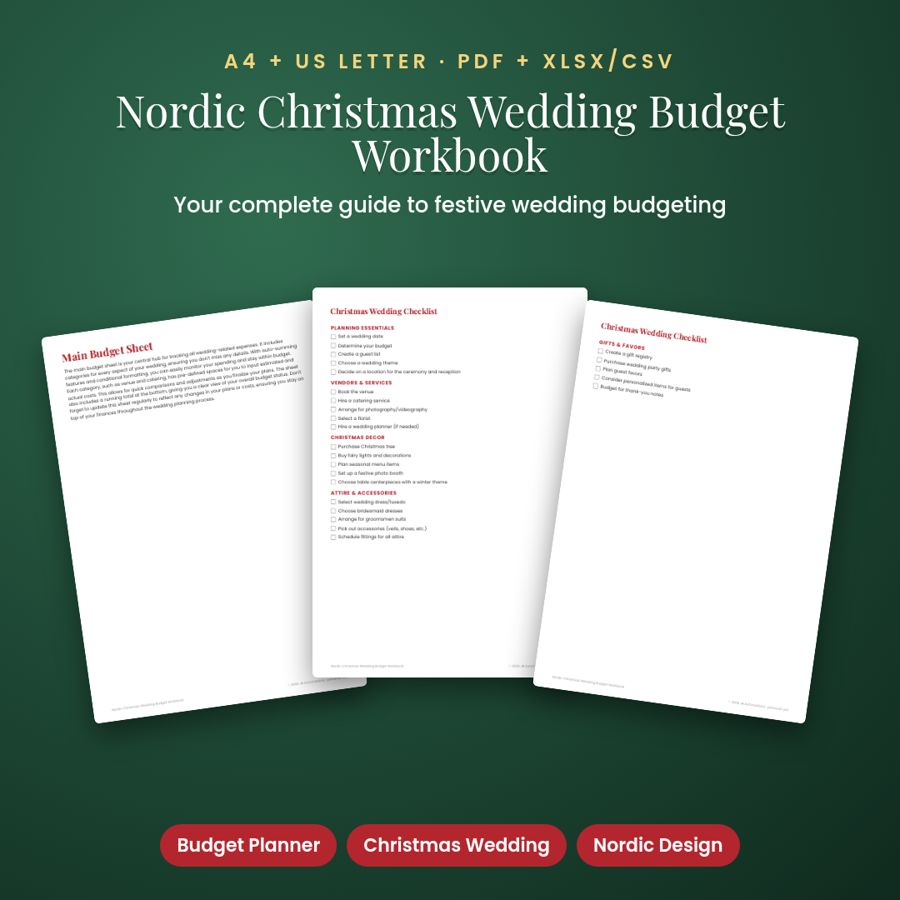 Nordic Christmas Wedding Budget Workbook | PDF + Excel Spreadsheet