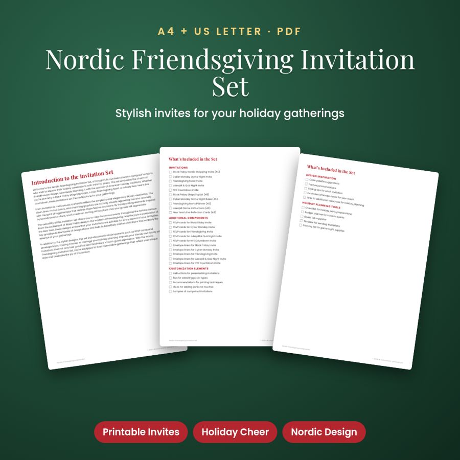 Nordic Friendsgiving Invitation Set | Printable PDF, A4 + US Letter