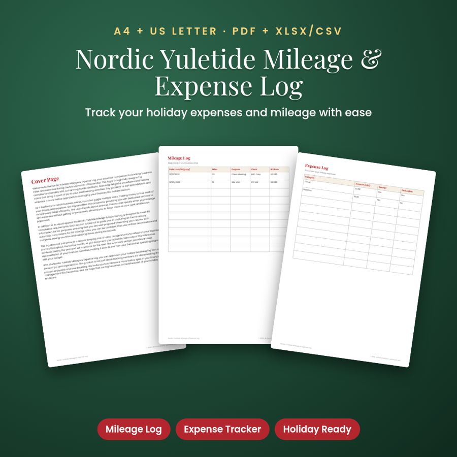 Nordic Yuletide Mileage & Expense Log | Printable PDF + Excel Template
